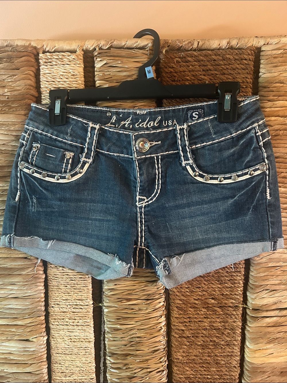 L.A. Idol Faded Blue Denim Short Shorts with Rhinestone Stud Accents